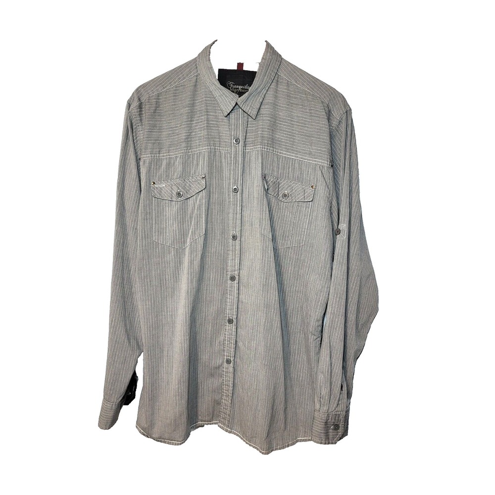 Tranquility Mayhem Shirt Mens Gray Striped Roll Tab Long Sleeve Button Up XL